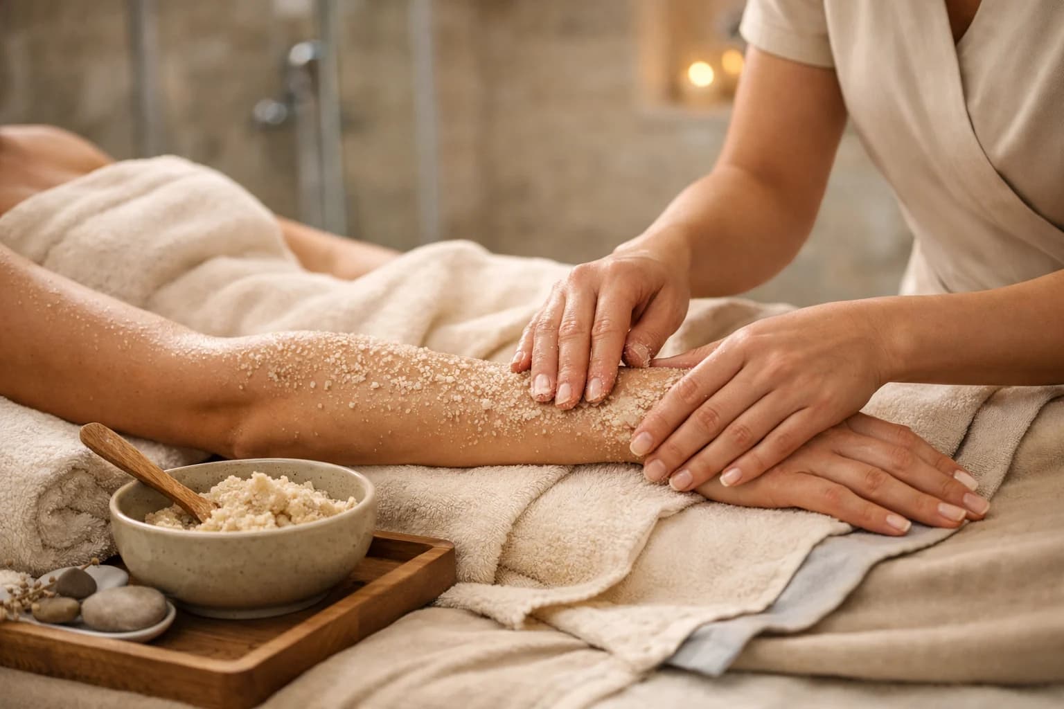 Luxury body scrub and wrap setup with towels, bowls, and warm neutral spa textures