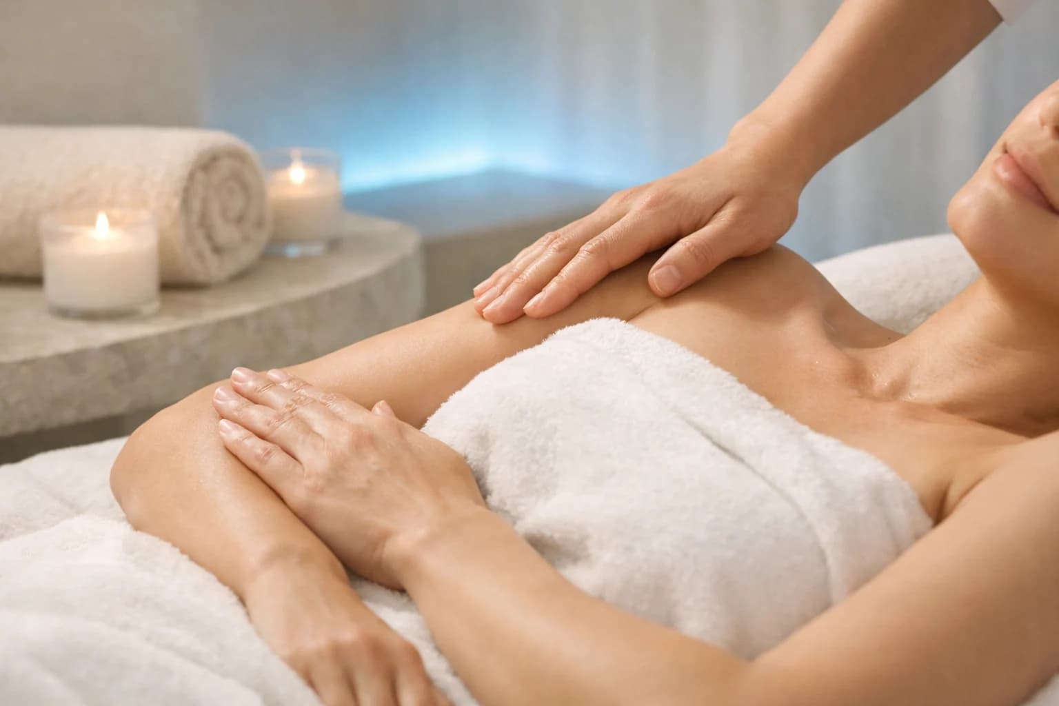 Lymphatic drainage massage setup with modest draping and warm neutral spa tones
