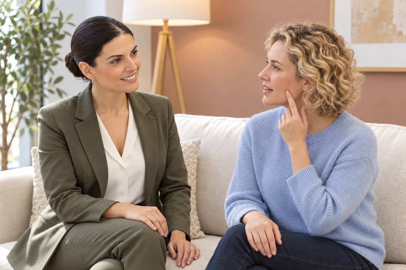 Illustrative scene: Amy Tadevosyan listening as an adult patient indicates a cheek concern
