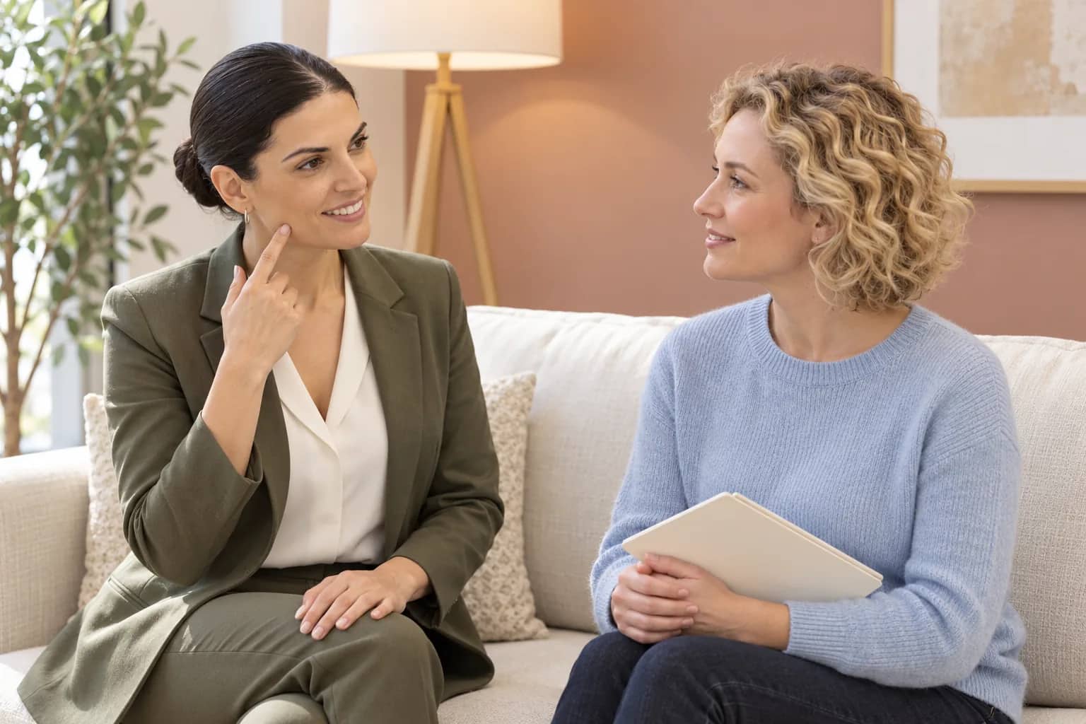 Illustrative scene: Amy Tadevosyan discussing cheek and chin balance with an adult patient