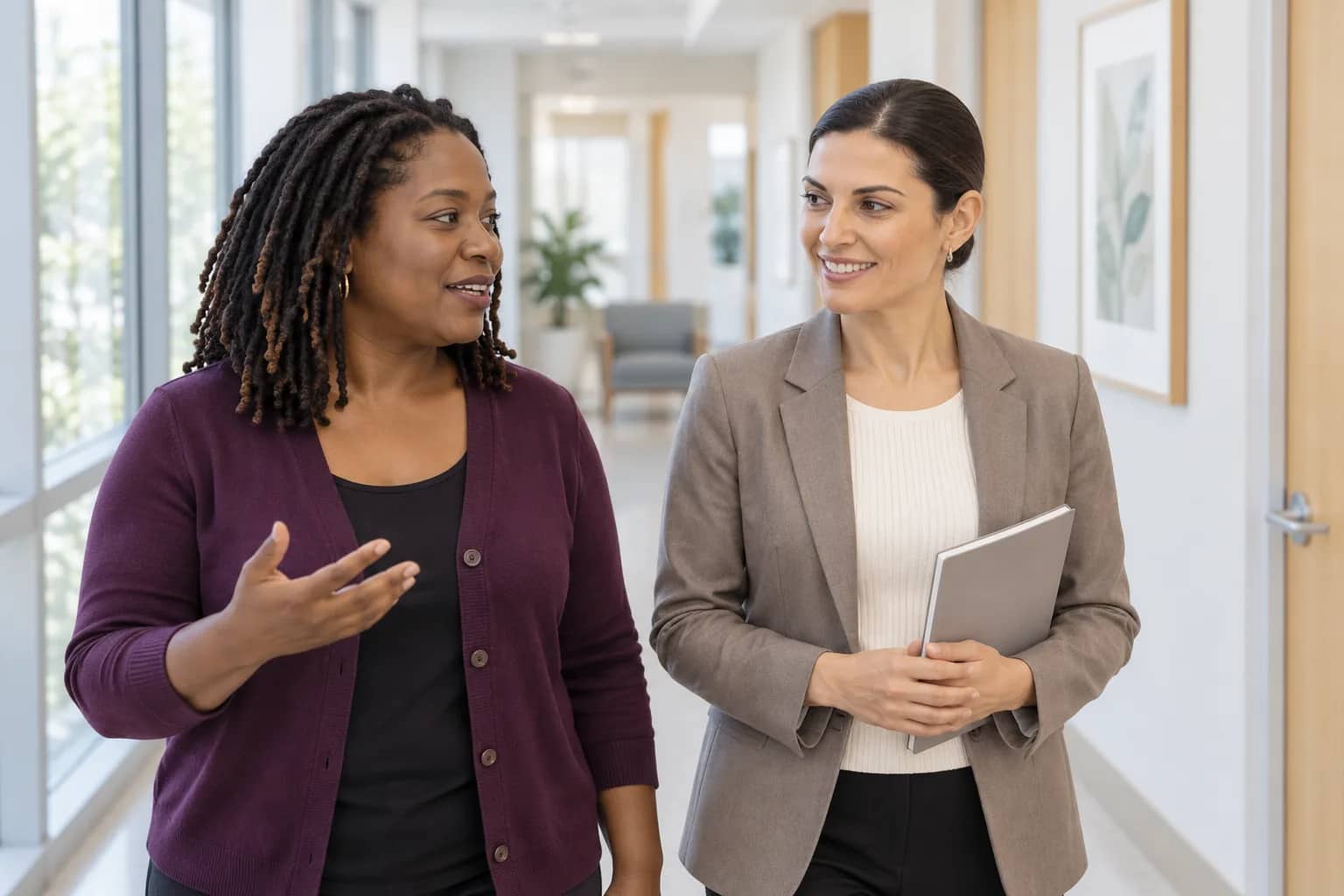 Illustrative scene: Amy Tadevosyan discussing microneedling options with an adult patient while walking through a clinic corridor