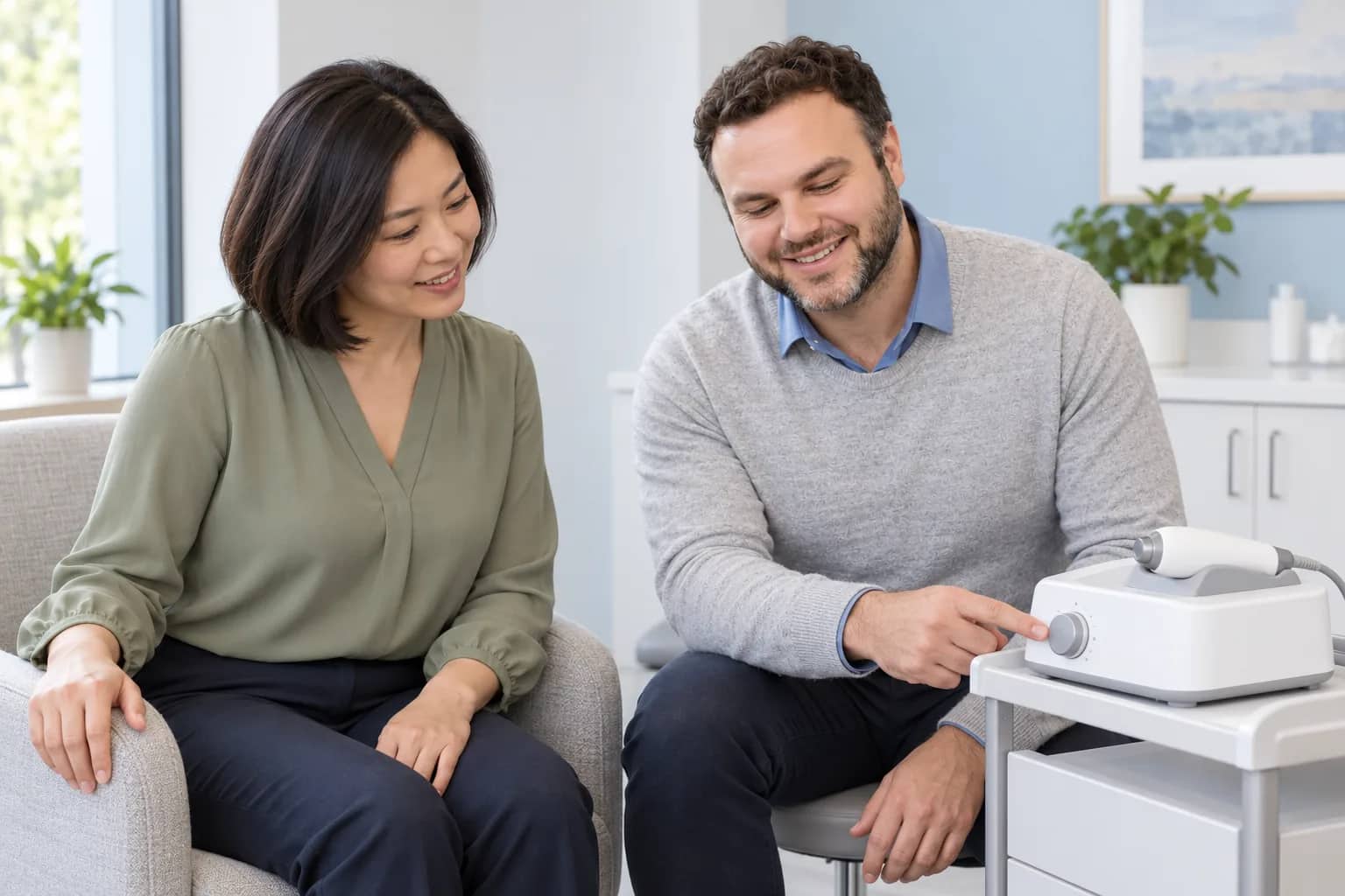 Illustrative scene: George Adjian explaining an inactive demonstration device to an adult patient