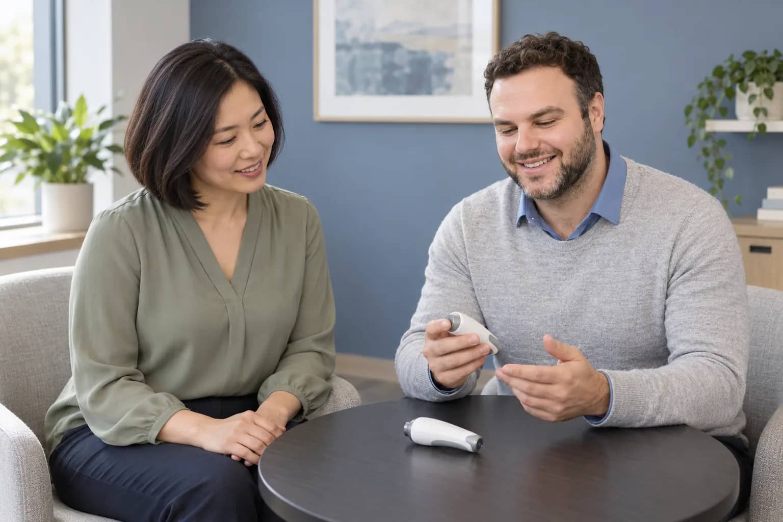 Illustrative scene: George Adjian comparing inactive radiofrequency demonstration devices with an adult patient