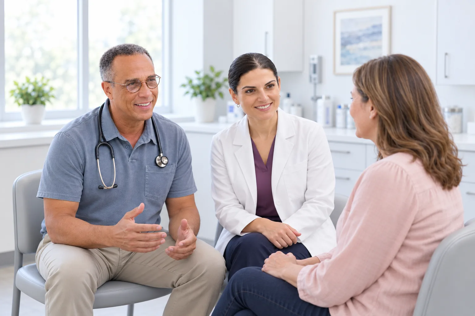 Illustrative scene: Dr. Stephen Carney and Amy Tadevosyan talking with an adult patient