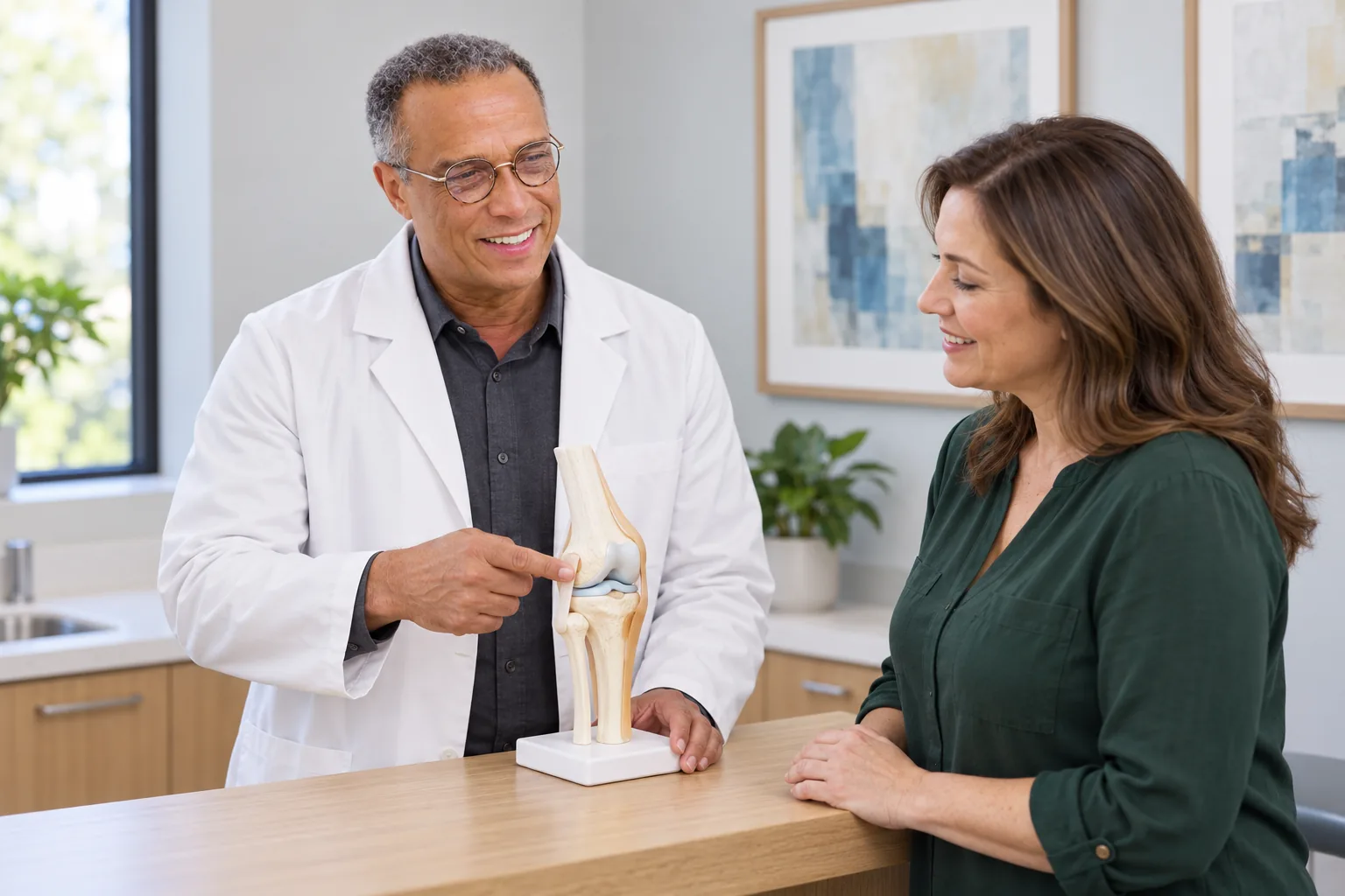Illustrative scene: Dr. Stephen Carney explaining care options beside a knee model