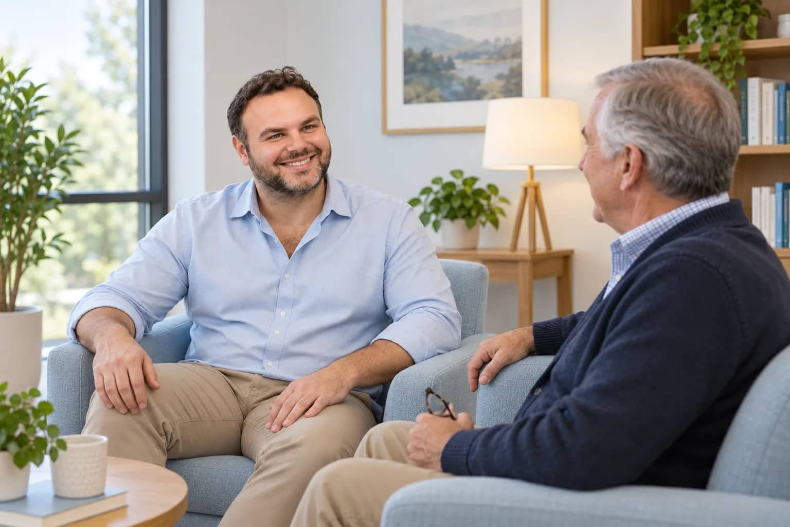 Illustrative scene: George Adjian listening to an adult patient in lounge chairs