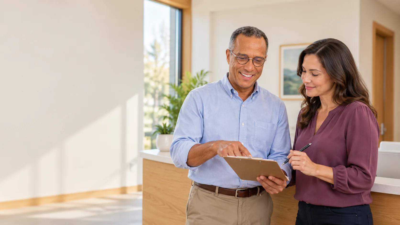 Illustrative scene: Dr. Stephen Carney reviewing a preventive-care plan with an adult patient