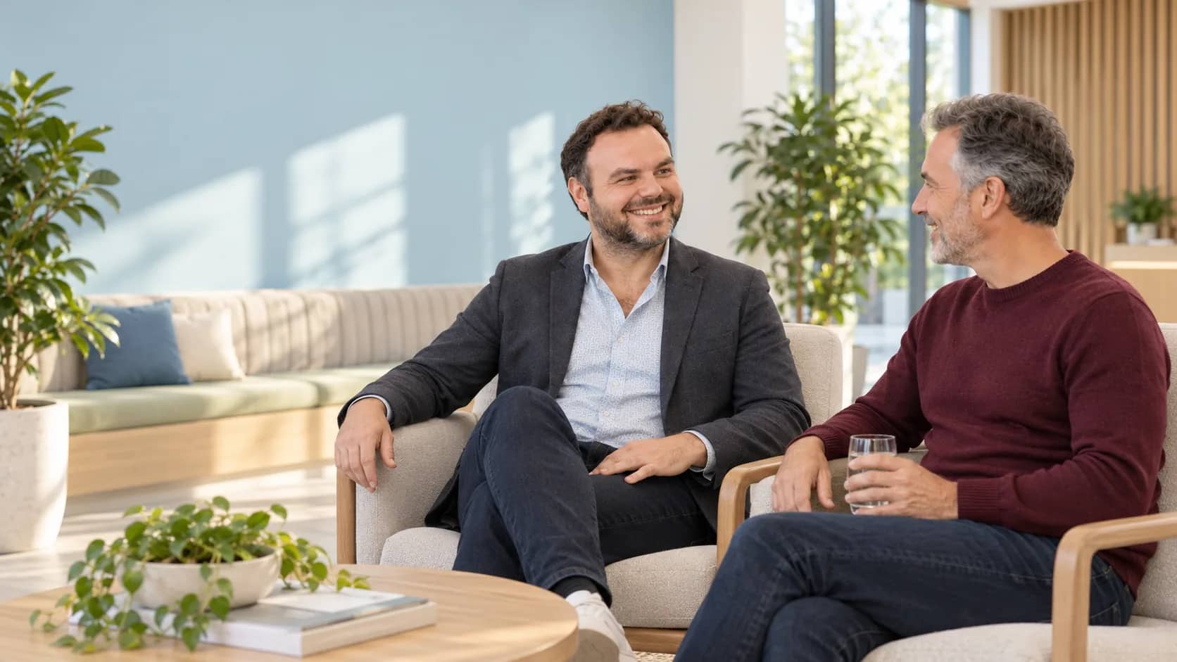 Illustrative scene: George Adjian discussing wellness goals with an adult patient seated in a clinic lounge