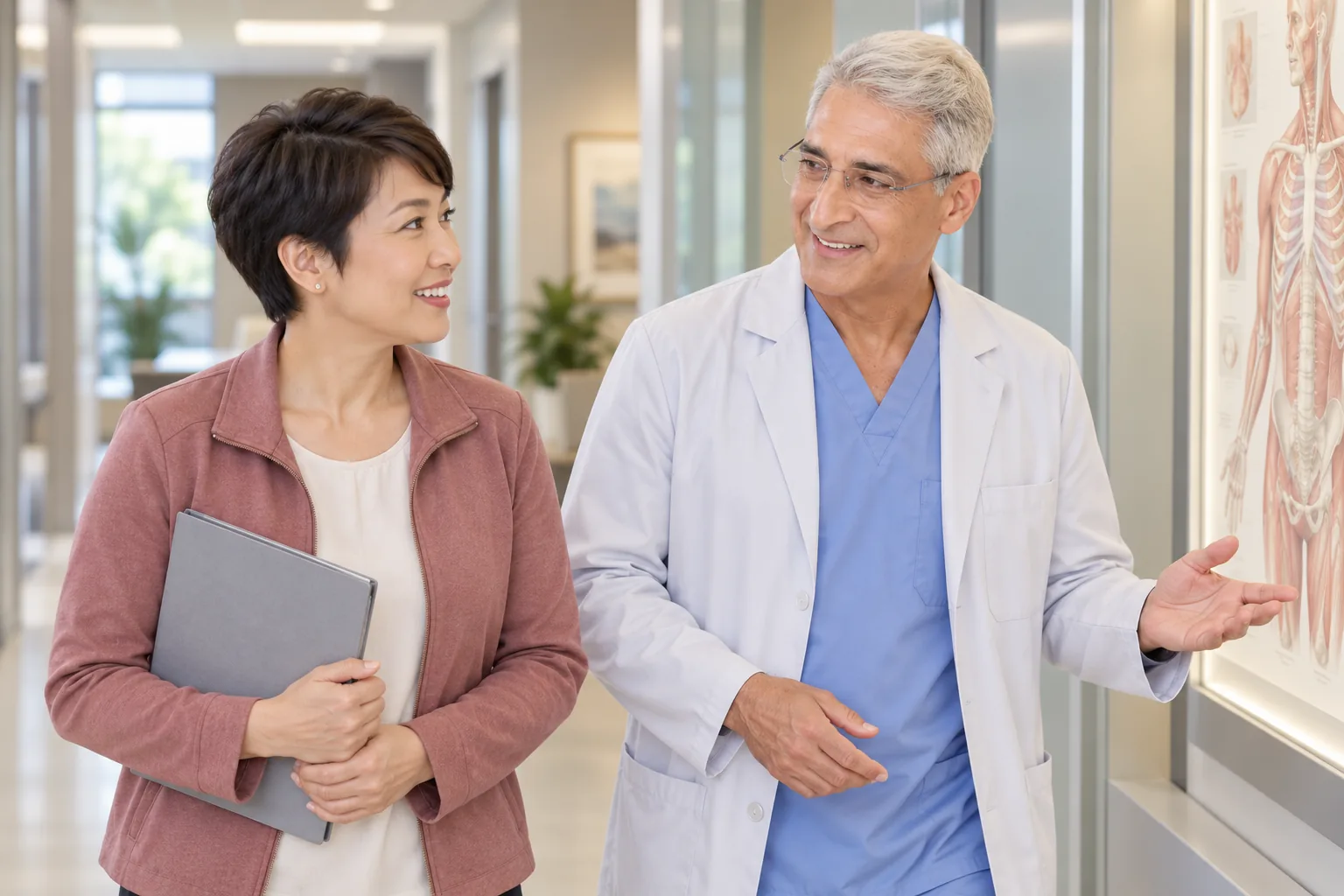 Illustrative scene: Dr. Joel Aronowitz discussing body-contouring options with an adult patient beside an education display