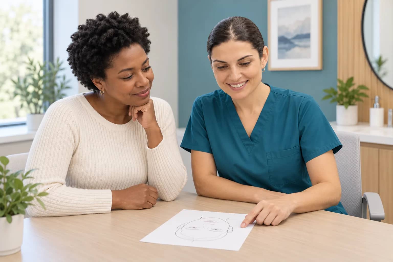 Illustrative scene: Amy Tadevosyan and an adult patient reviewing a face-up facial diagram together