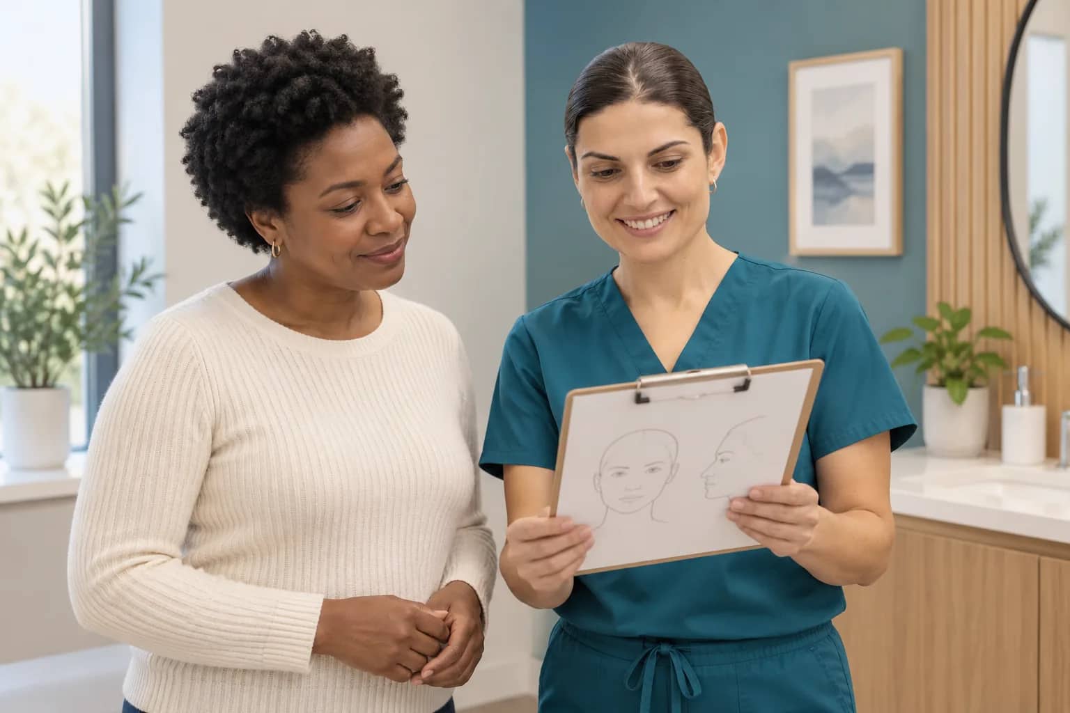 Illustrative scene: Amy Tadevosyan reviewing facial concerns with an adult patient using a facial diagram