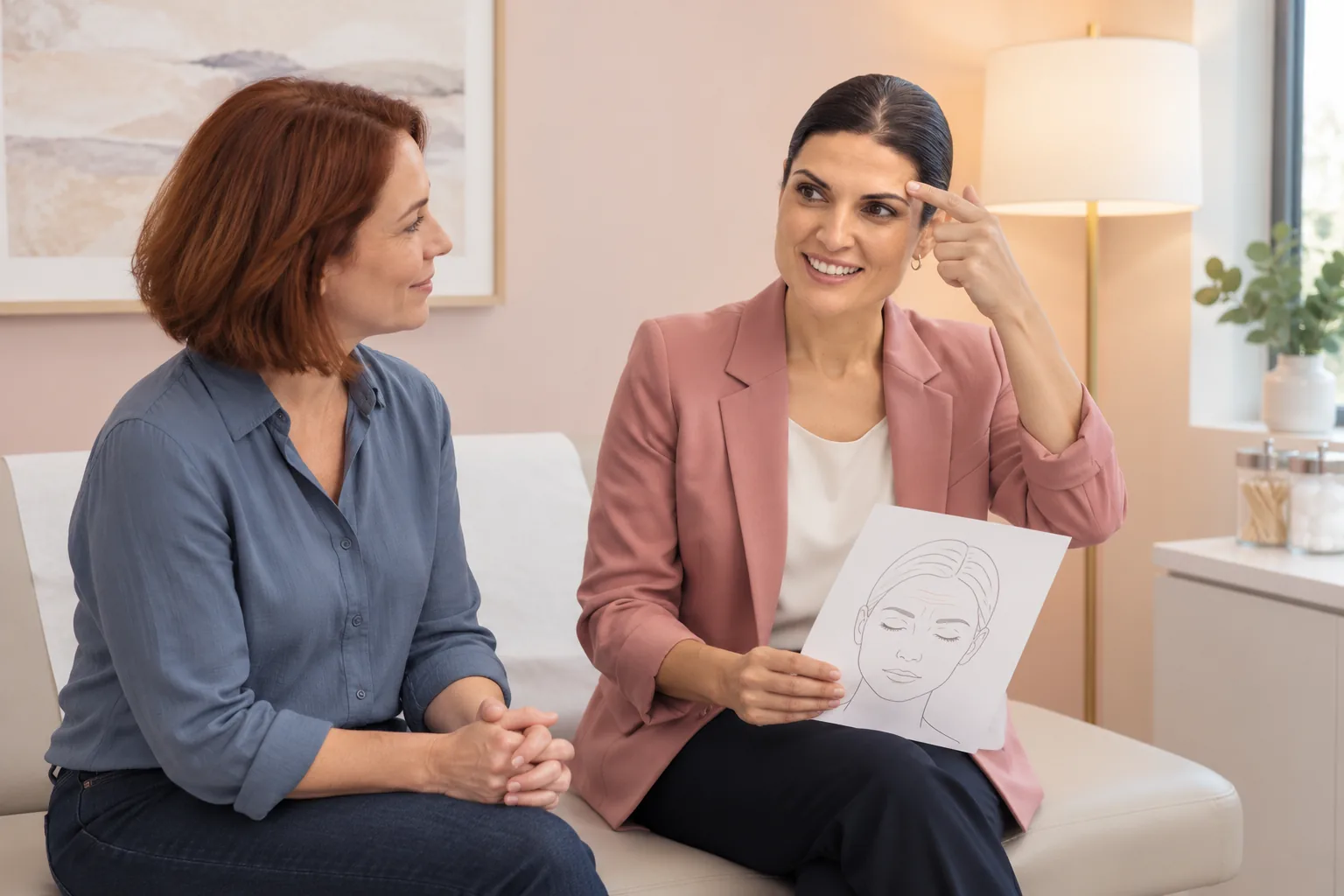 Illustrative scene: Amy Tadevosyan explaining facial expression lines to an adult patient using a diagram