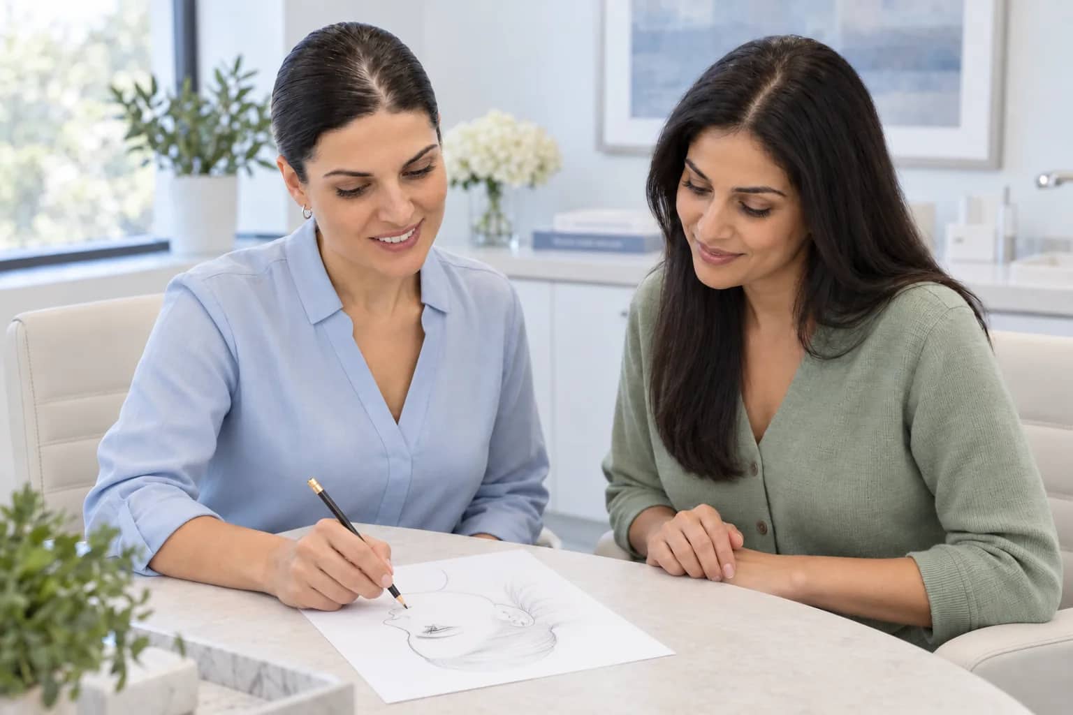 Illustrative scene: Amy Tadevosyan marking a facial-balance sketch oriented toward her and an adult patient