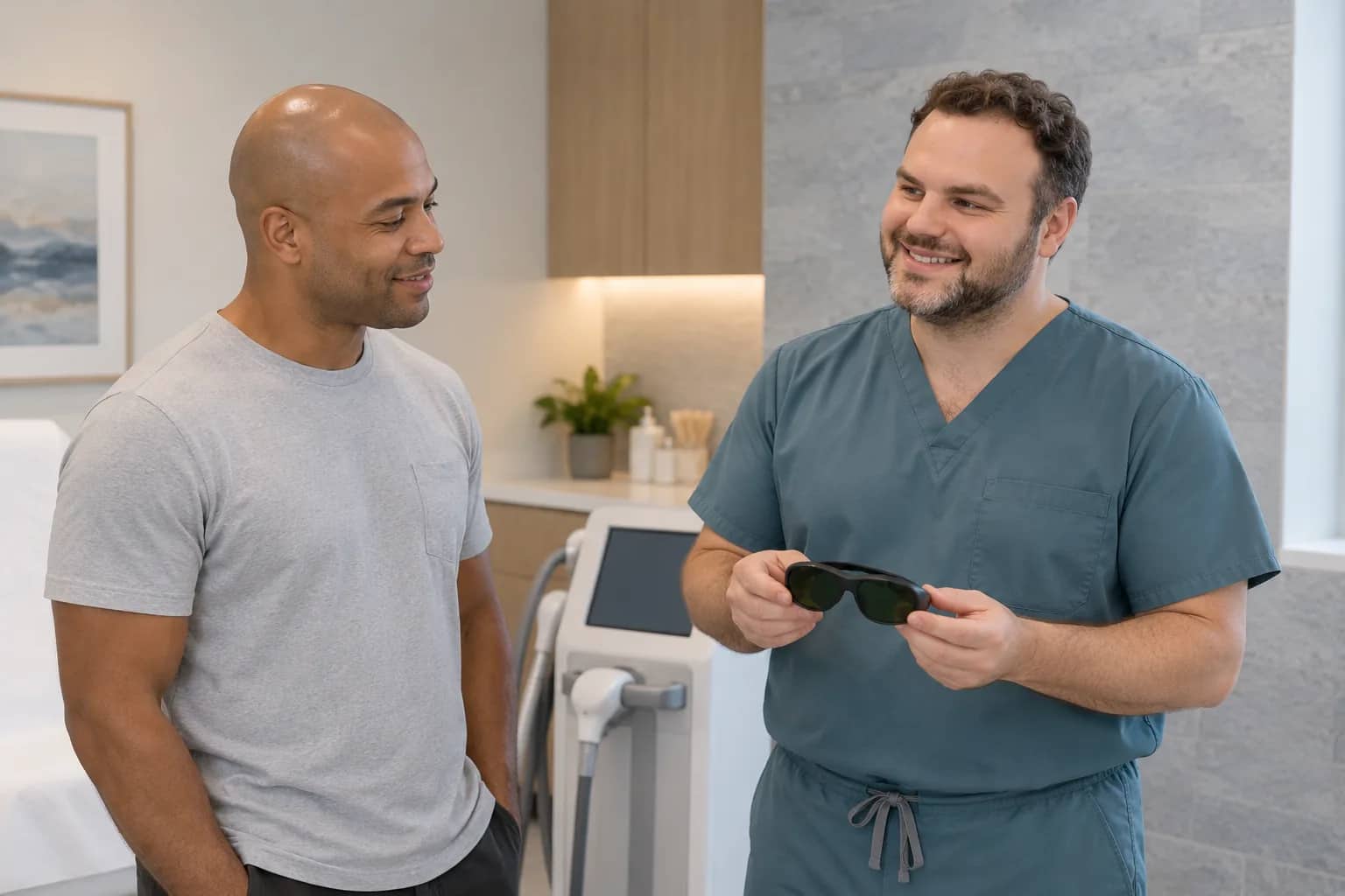 Illustrative scene: George Adjian explaining protective goggles and skin-treatment precautions to an adult patient