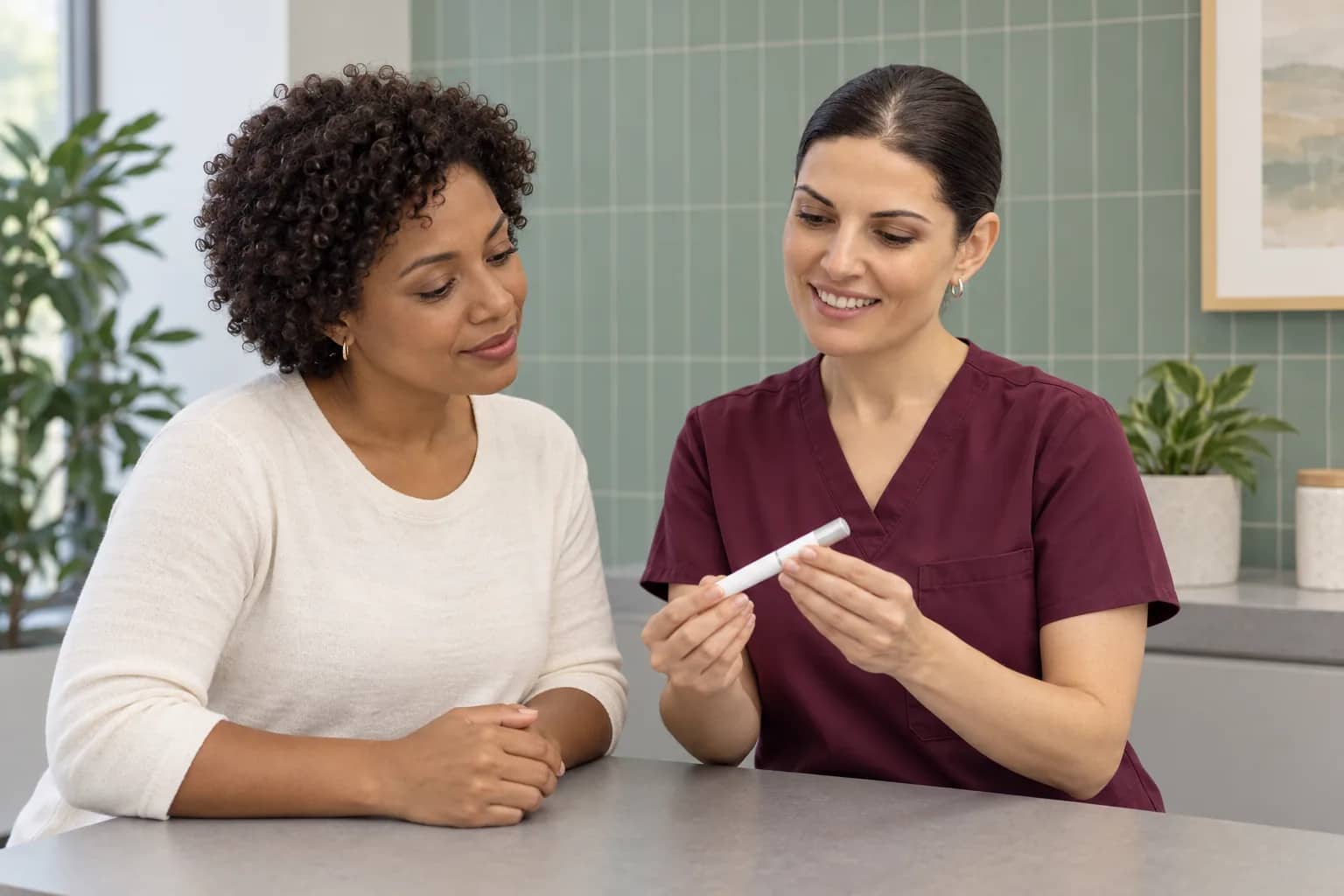 Illustrative scene: Amy Tadevosyan discussing skin texture and showing an inactive demonstration device to an adult patient