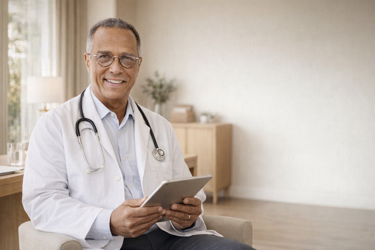 Stephen Carney, MD in a bright primary-care consultation setting at NPMD
